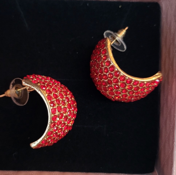Ruby Red and Gold Rhinestone Earrings - Picture 5 of 7